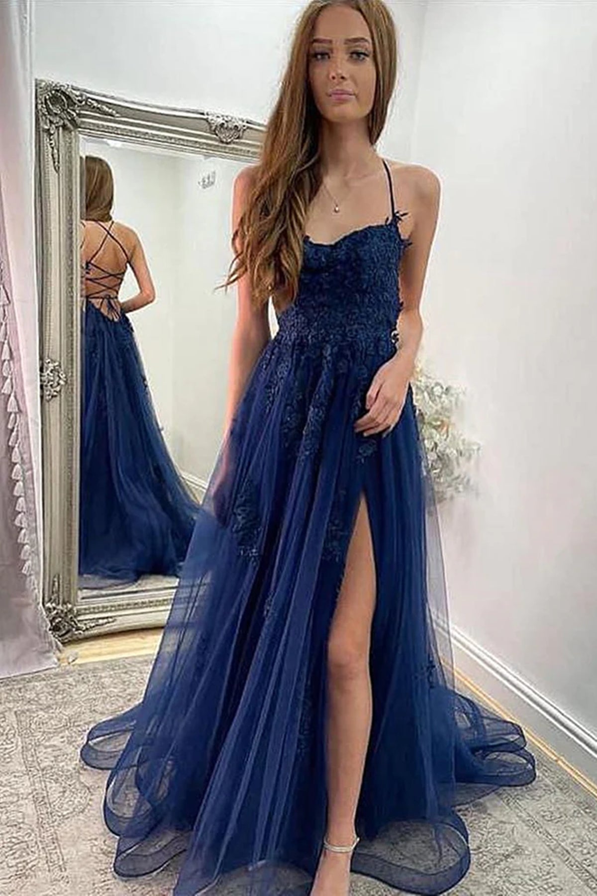 Dark Blue Tulle Lace Applique High Low Prom Dresses – shopluu